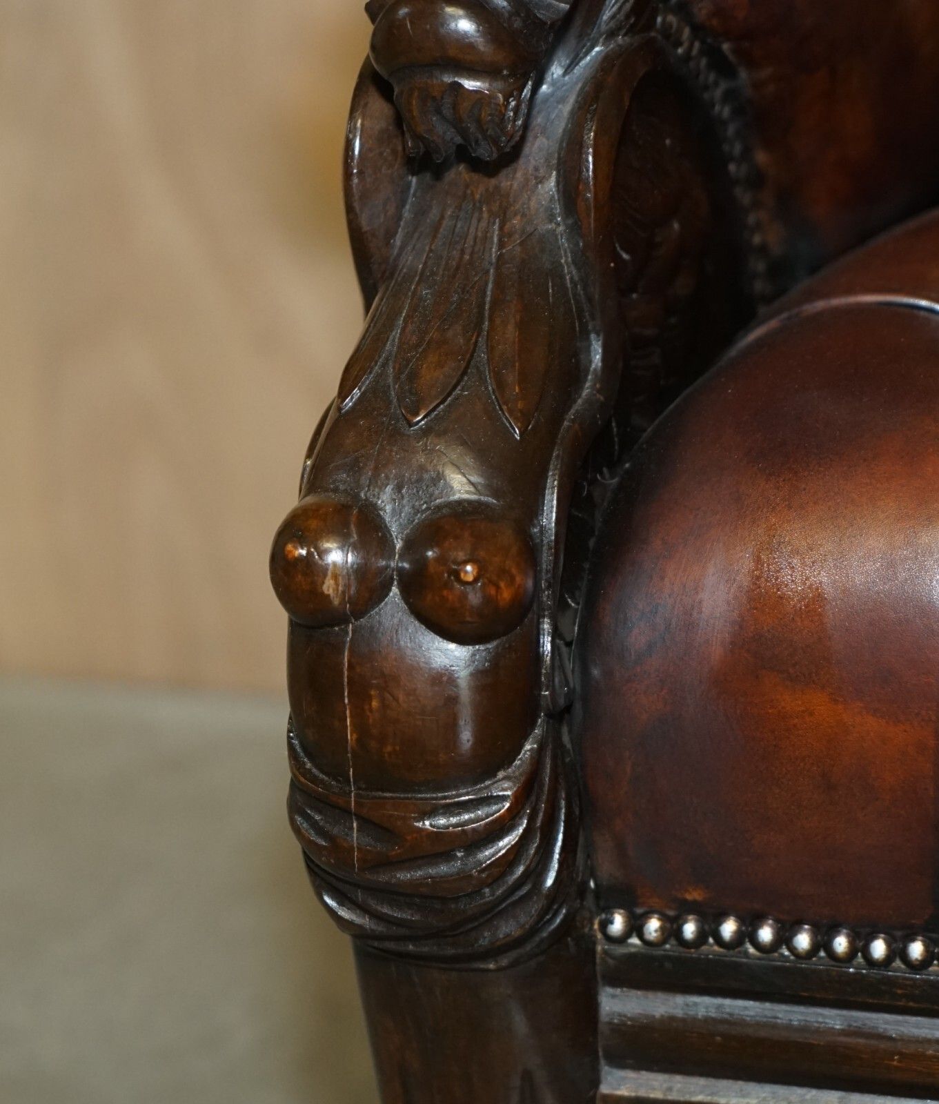 photo for sale Restored Antique Lion Hand Carved Brown Leather Chesterfield Sofa Armchair Suite