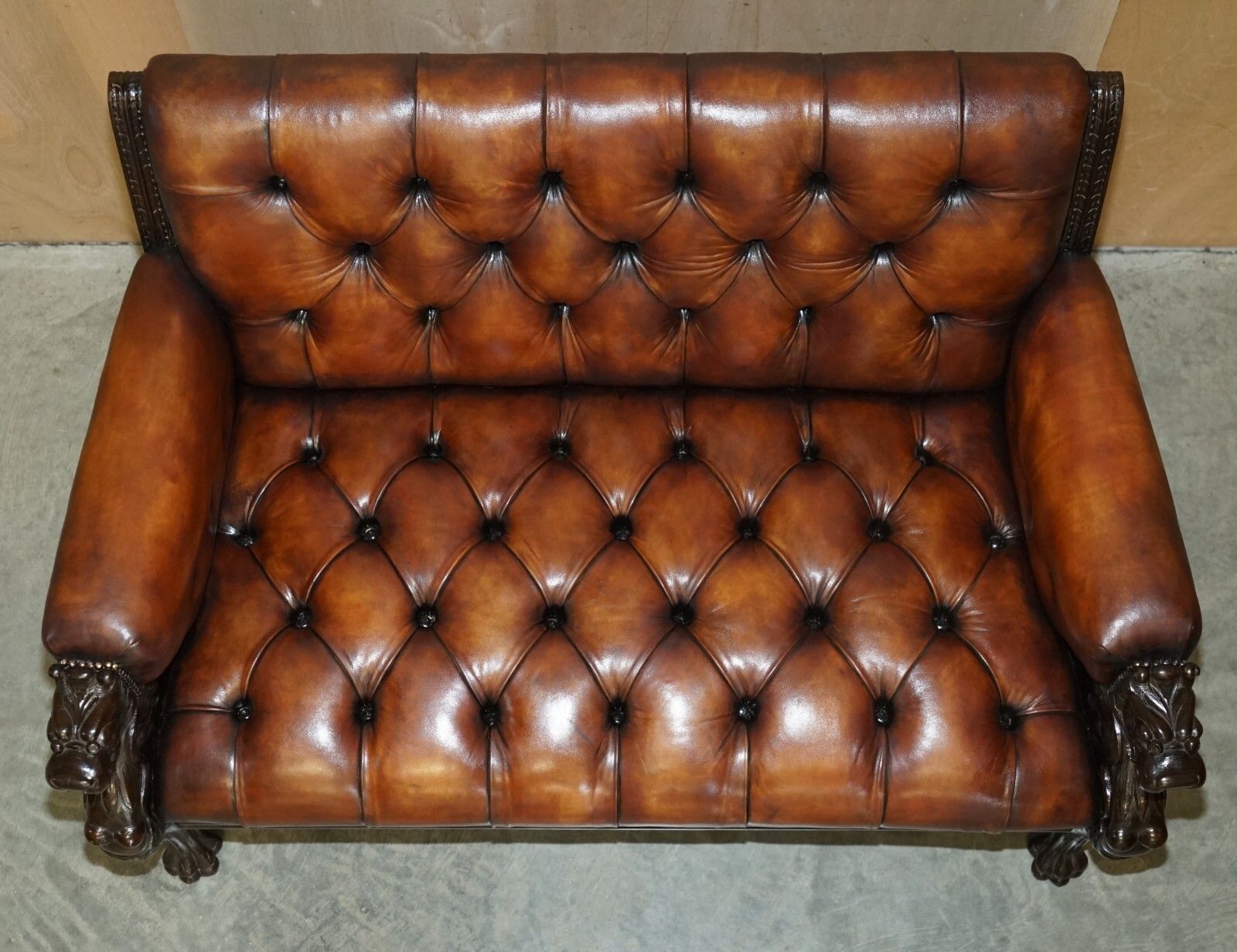 25000.0 Restored Antique Lion Hand Carved Brown Leather Chesterfield Sofa Armchair Suite photo