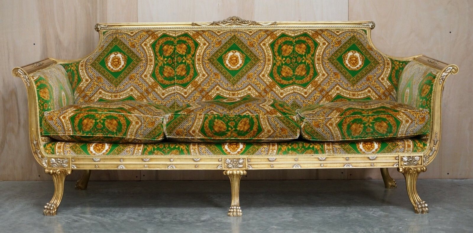Versace Silk Velvet Upholstered Giltwood Italian Sofa & Pair Of Armchairs Suite photo for sale
