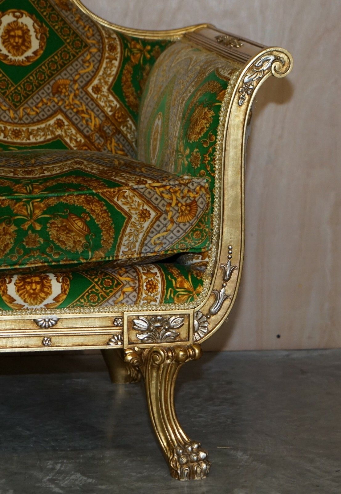 Versace Silk Velvet Upholstered Giltwood Italian Sofa & Pair Of Armchairs Suite photo 25000.0