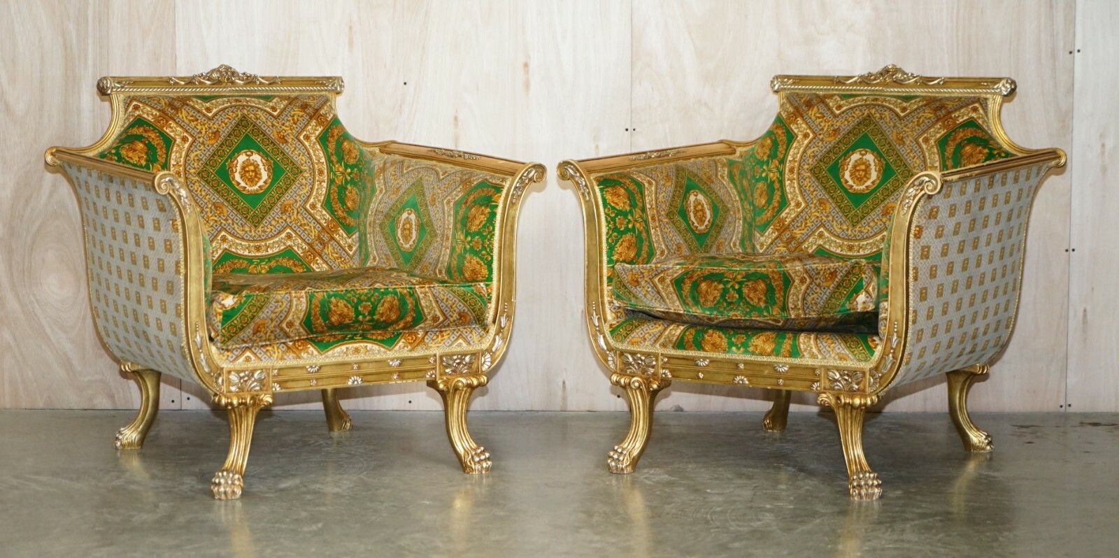 Versace Silk Velvet Upholstered Giltwood Italian Sofa & Pair Of Armchairs Suite photo vintage