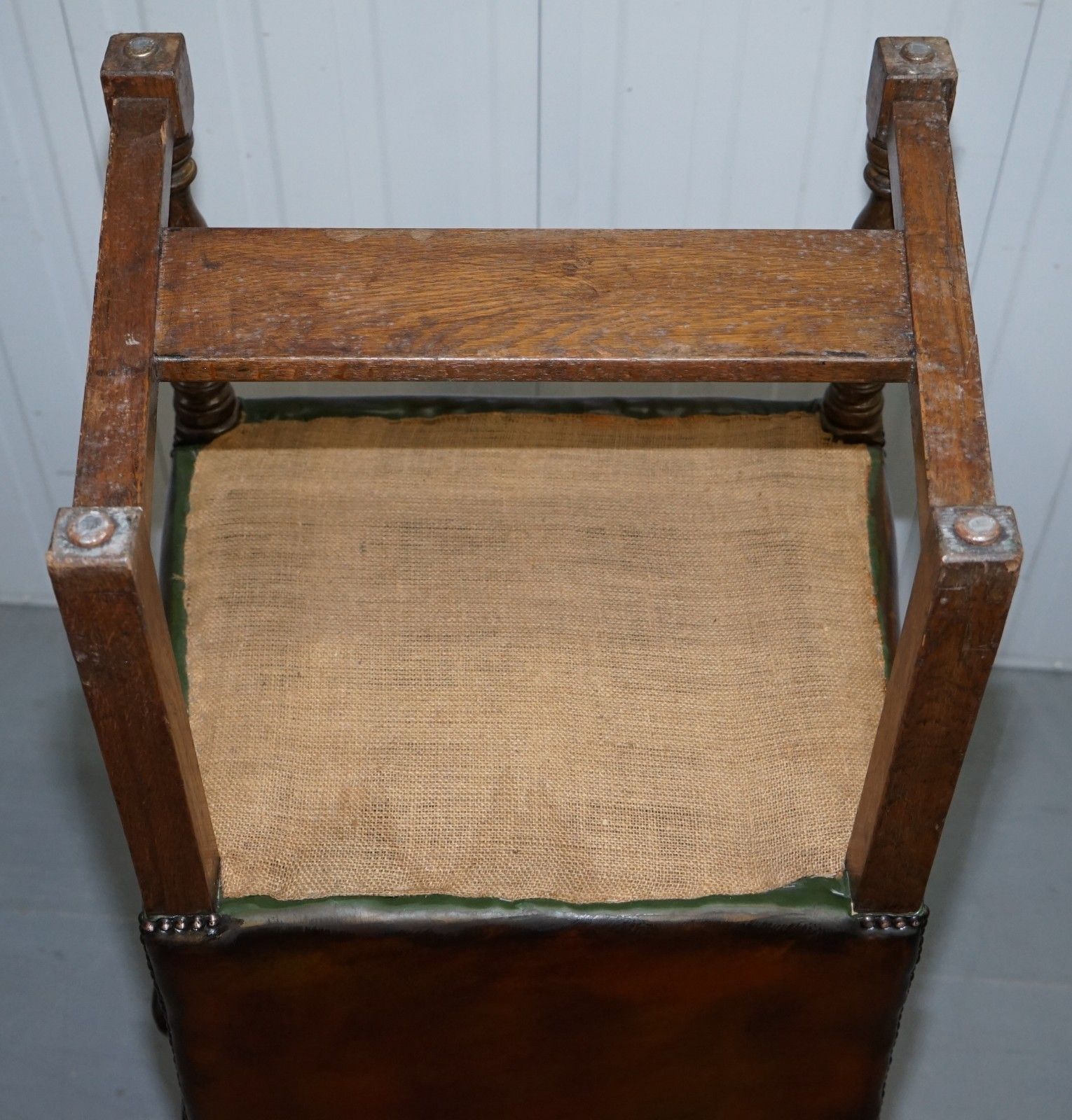 photo for sale 8 Howard & Son's Stamped Circa 1900 Brown Leather Carver Gainsborough Armchairs