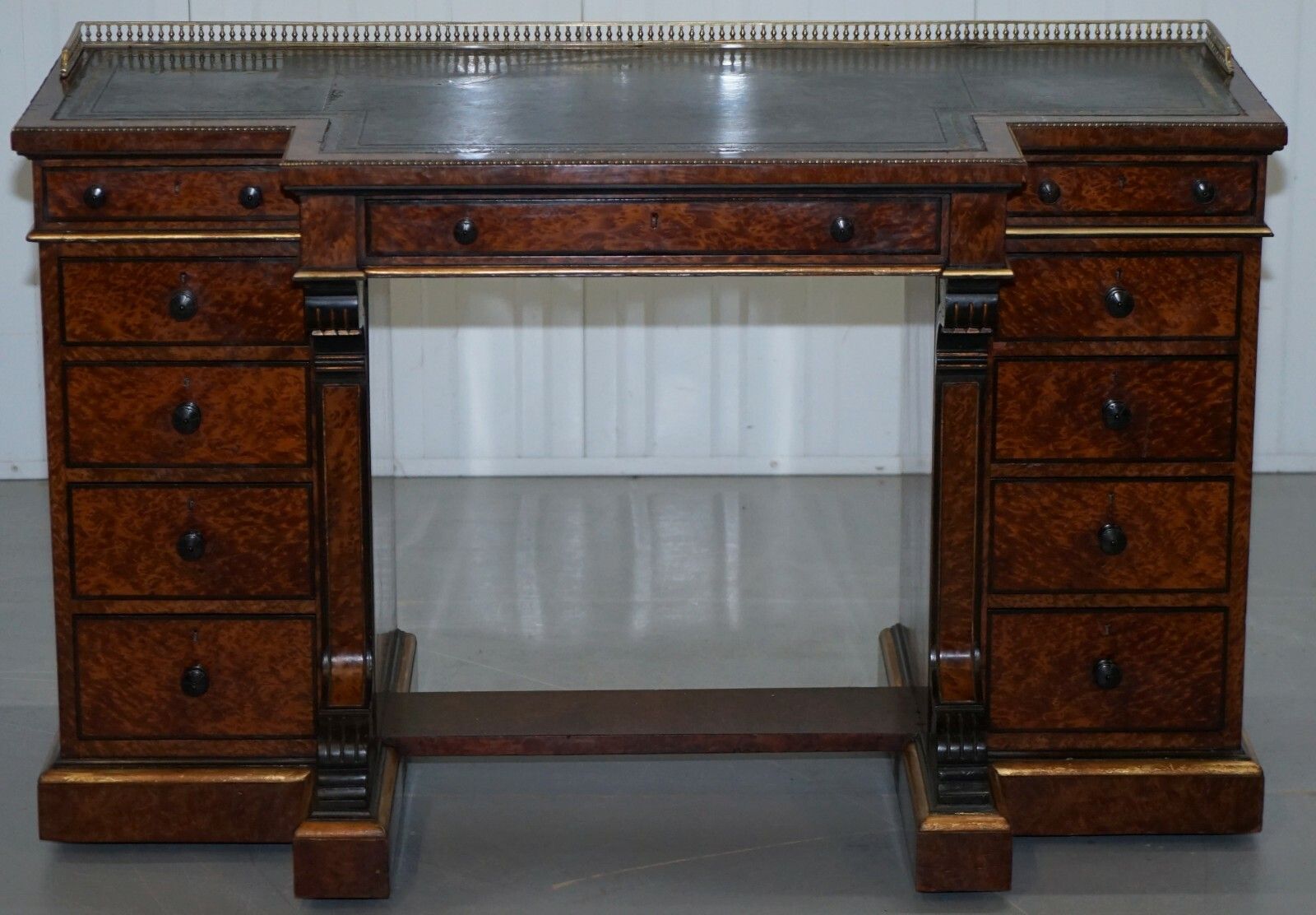 Very Rare Gillow 1852 57 Breakfront Library Desk Brass Gallery Burr Amboyna Wood photo furniture