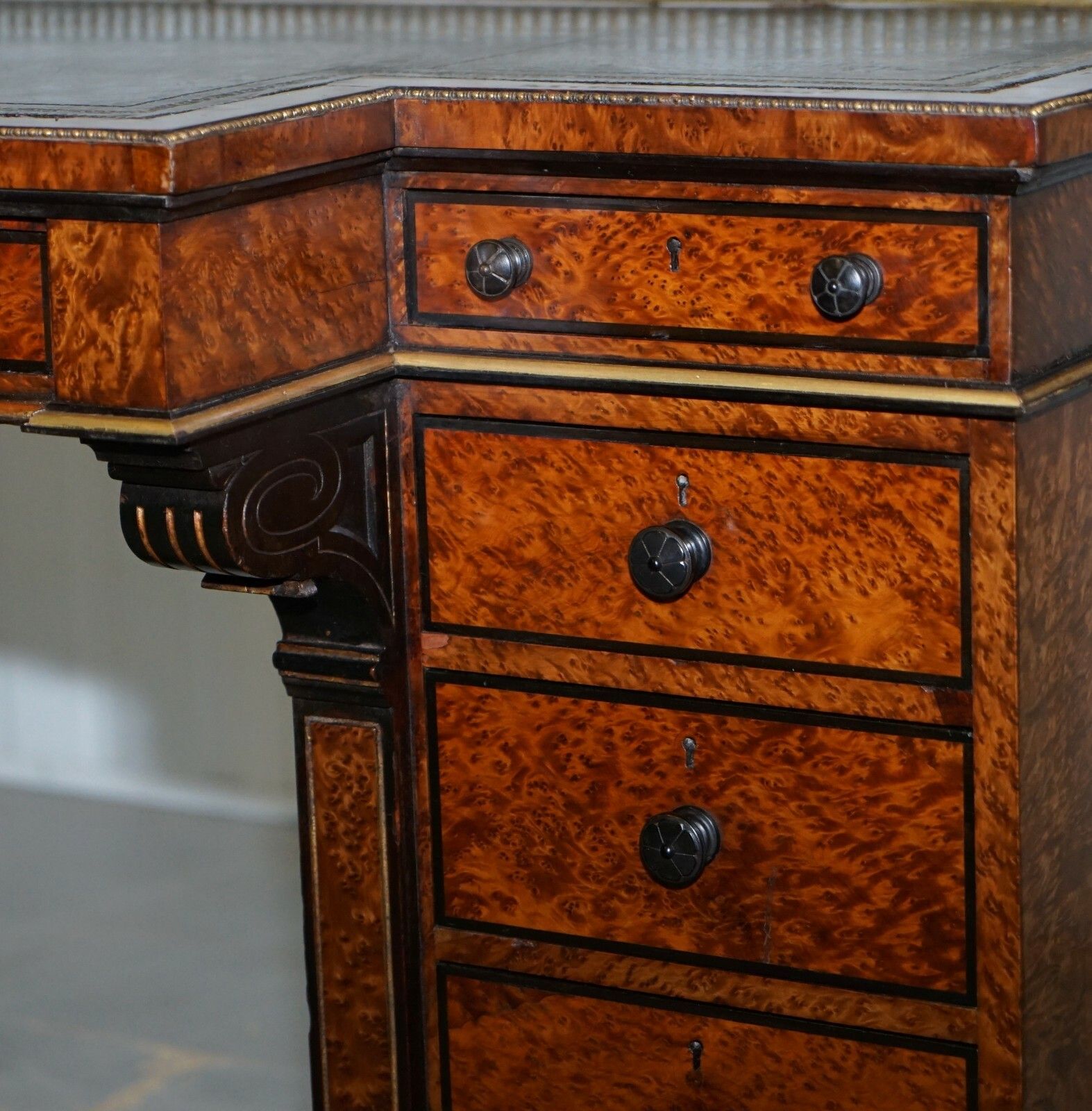 Very Rare Gillow 1852 57 Breakfront Library Desk Brass Gallery Burr Amboyna Wood photo vinterior