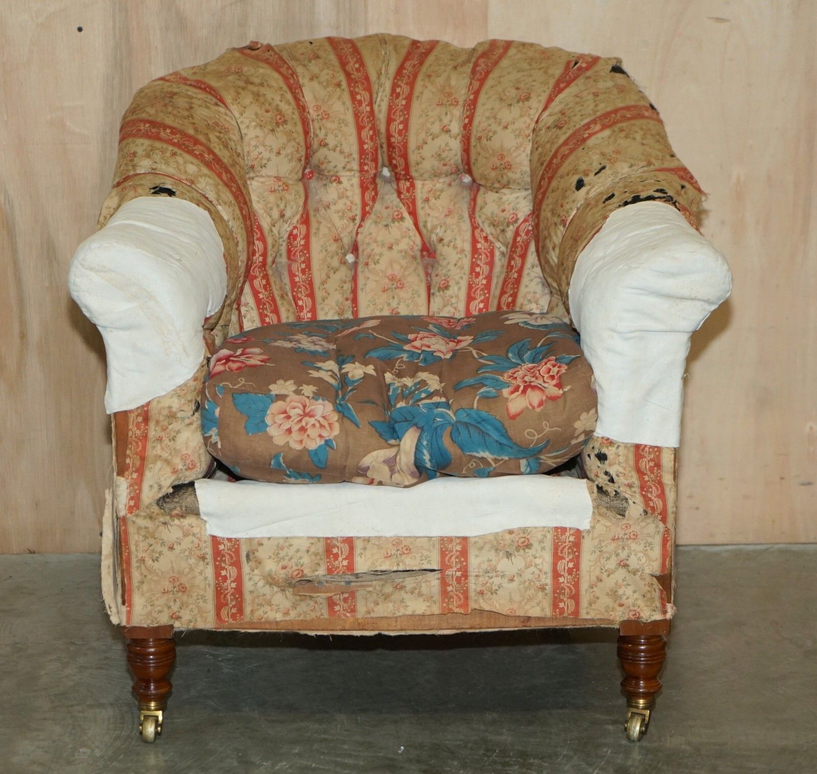 Pair Of Antique Original Ticking Fabric Howard & Son's Chesterfield Armchairs photo for sale