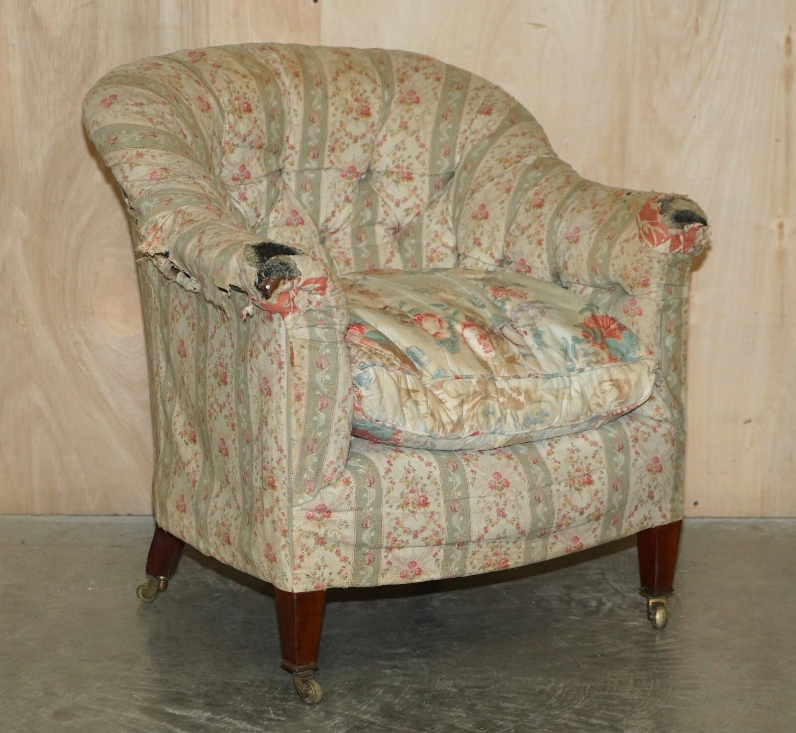 photo vinterior Pair Of Antique Original Ticking Fabric Howard & Son's Chesterfield Armchairs