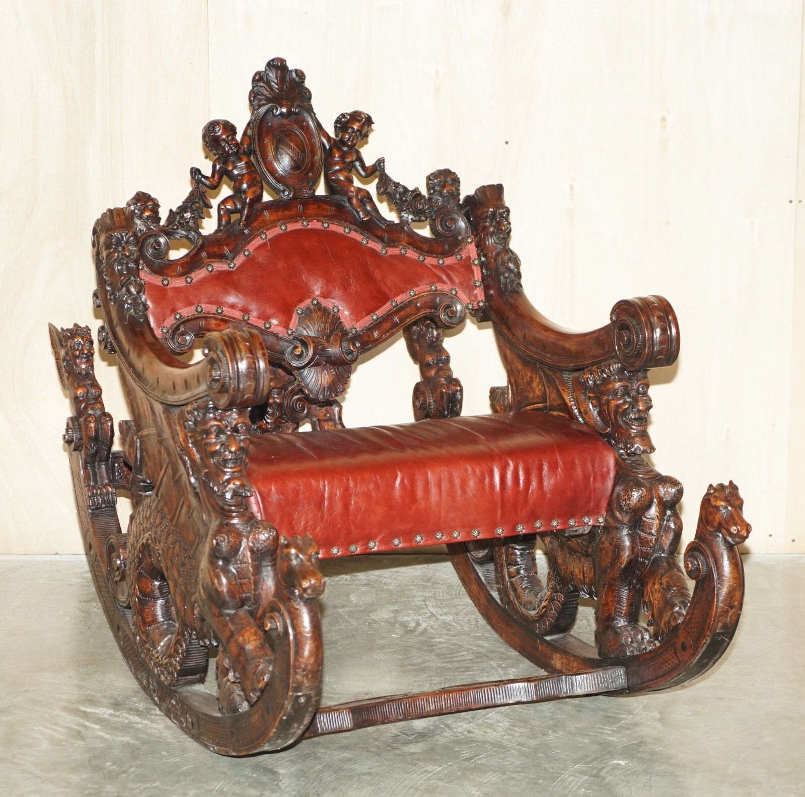 Antique Italian Circa 1850 Hand Carved Fruitwood Leather Rocking Armchair photo furniture