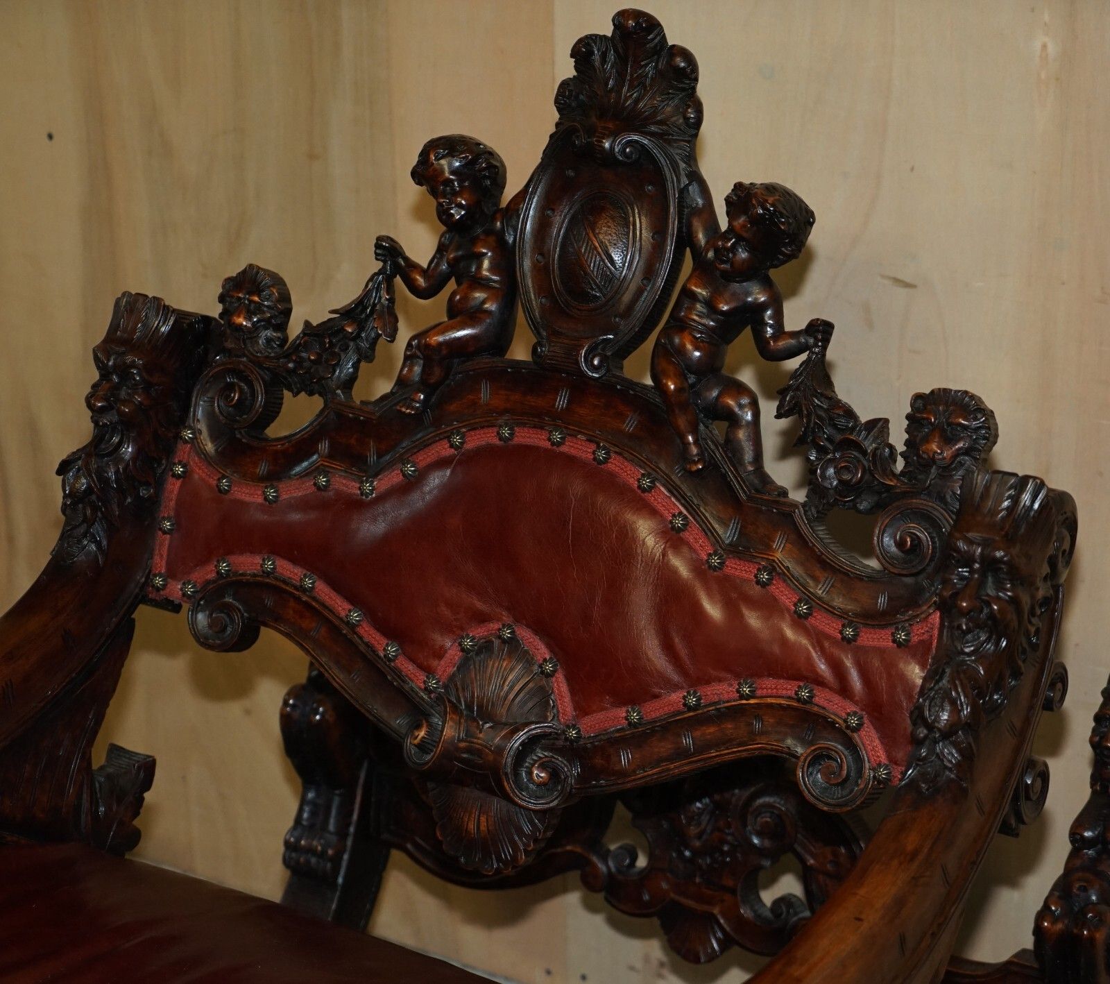 Antique Italian Circa 1850 Hand Carved Fruitwood Leather Rocking Armchair photo 18500.0