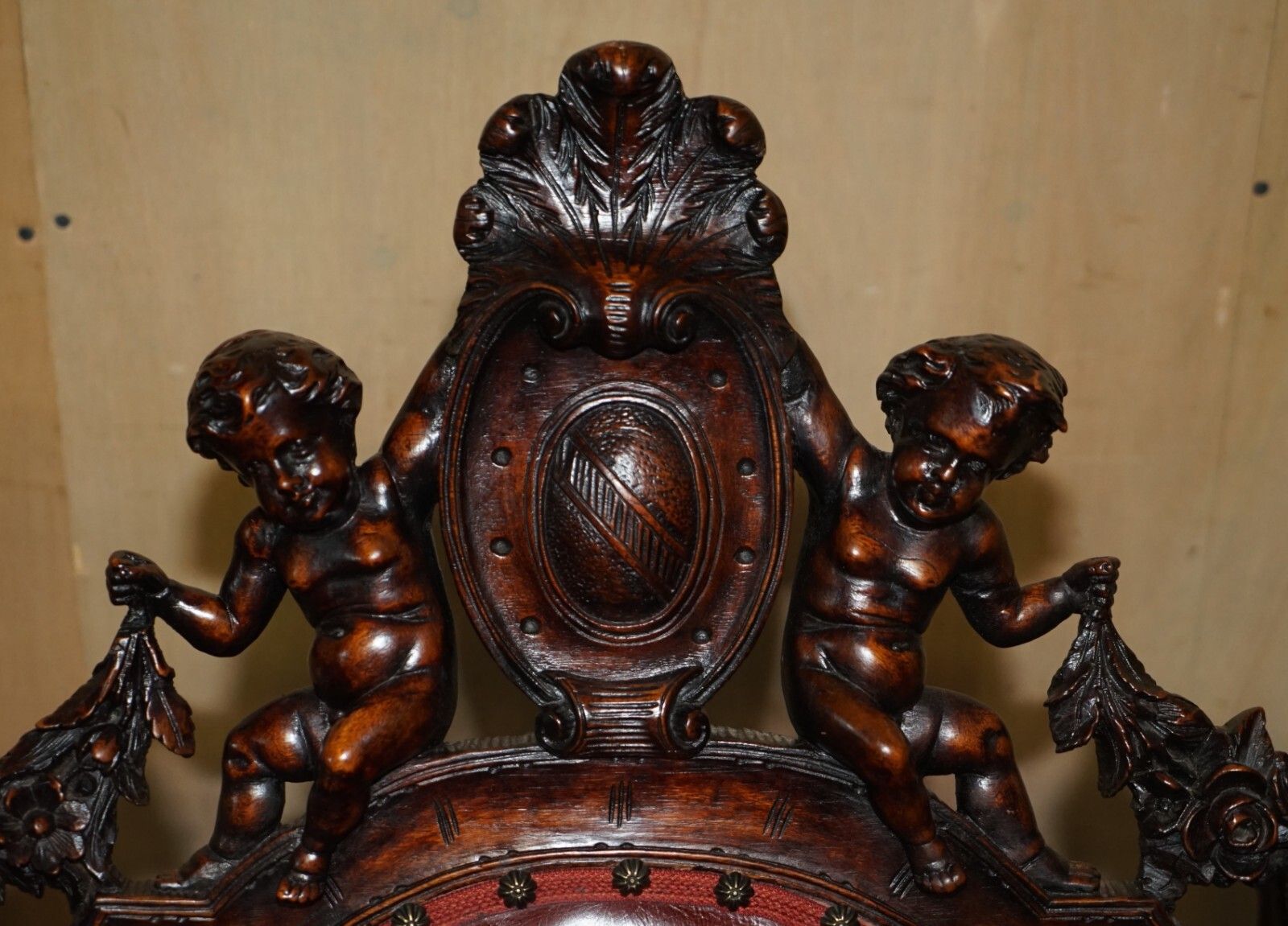 Antique Italian Circa 1850 Hand Carved Fruitwood Leather Rocking Armchair photo vintage