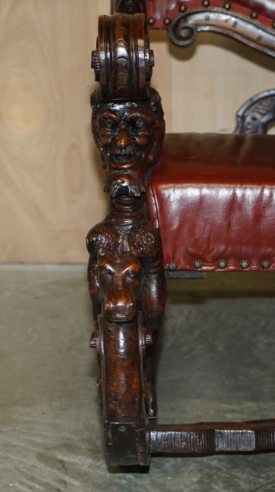 18500.0 Antique Italian Circa 1850 Hand Carved Fruitwood Leather Rocking Armchair photo