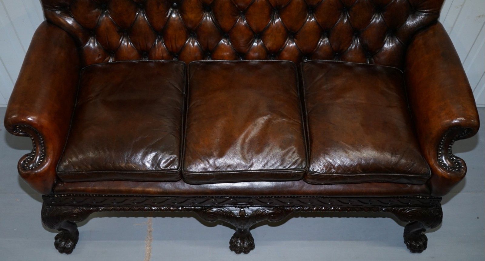 Victorian Georgian Irish Brown Leather Chesterfield Sofa Lion Hairy Paw Feet photo buy