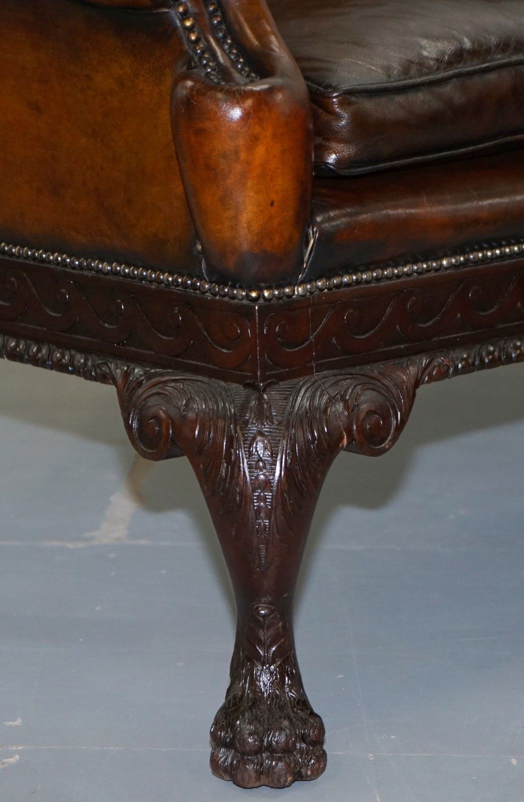 photo for sale Victorian Georgian Irish Brown Leather Chesterfield Sofa Lion Hairy Paw Feet