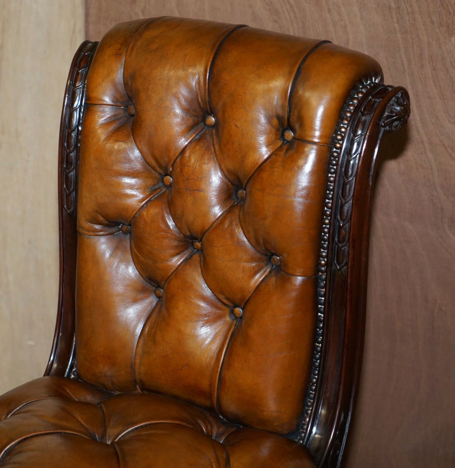 Circa 1845 C Hindley & Sons Lion Carved Chesterfield Brown Leather Dining Chairs photo vinterior