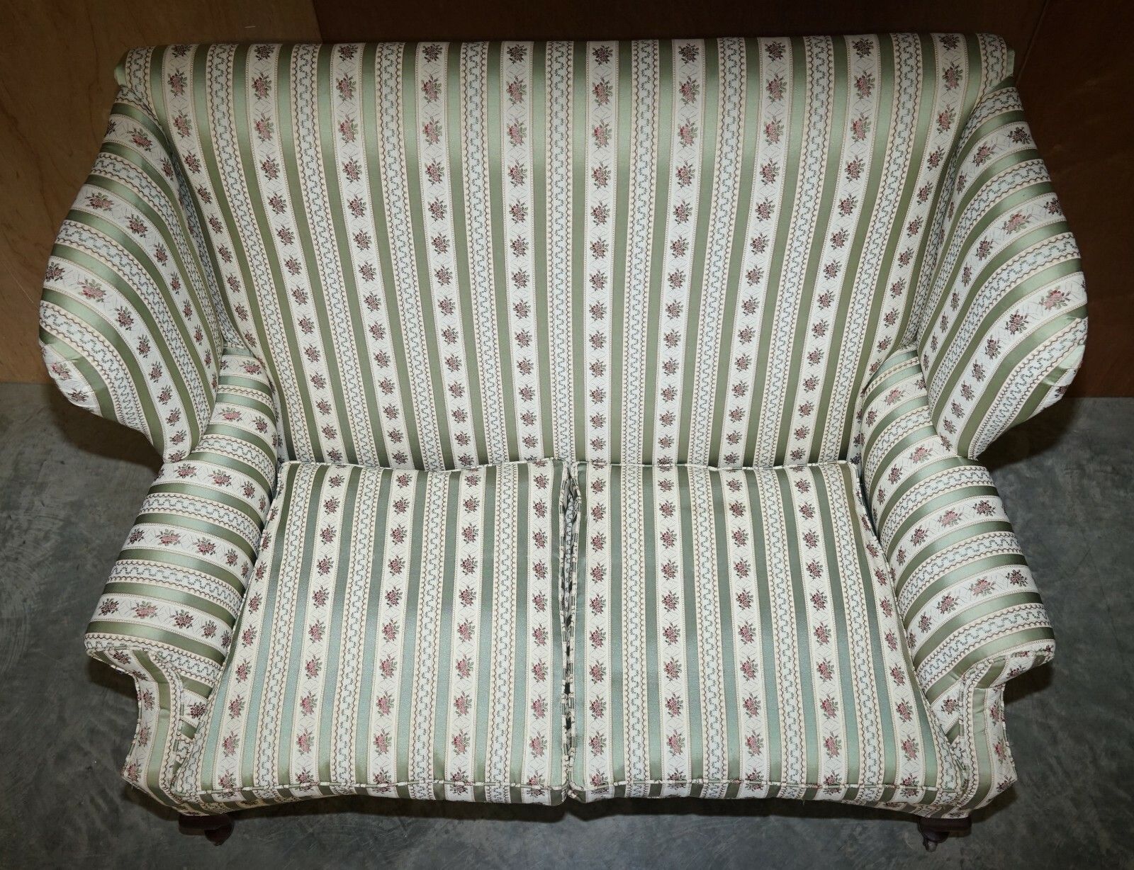 Victorian Howard & Sons Ticking Fabric Upholstered Double Wingback Sofa Armchair photo buy