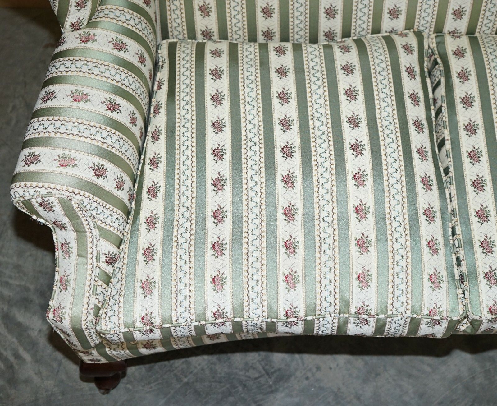 Victorian Howard & Sons Ticking Fabric Upholstered Double Wingback Sofa Armchair photo vintage