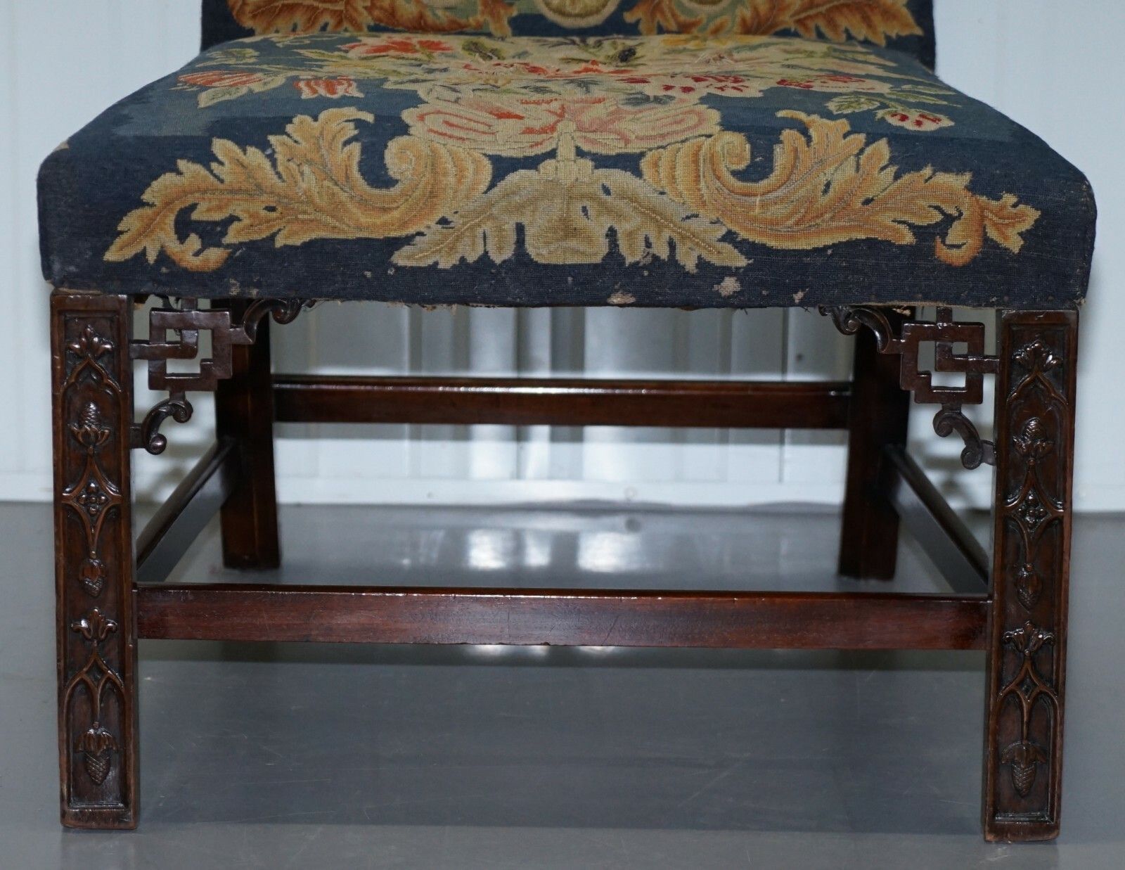 Rare Pair Of Thomas Chippendale Period 1760 Embroidered Chairs Ornately Carved photo vinterior