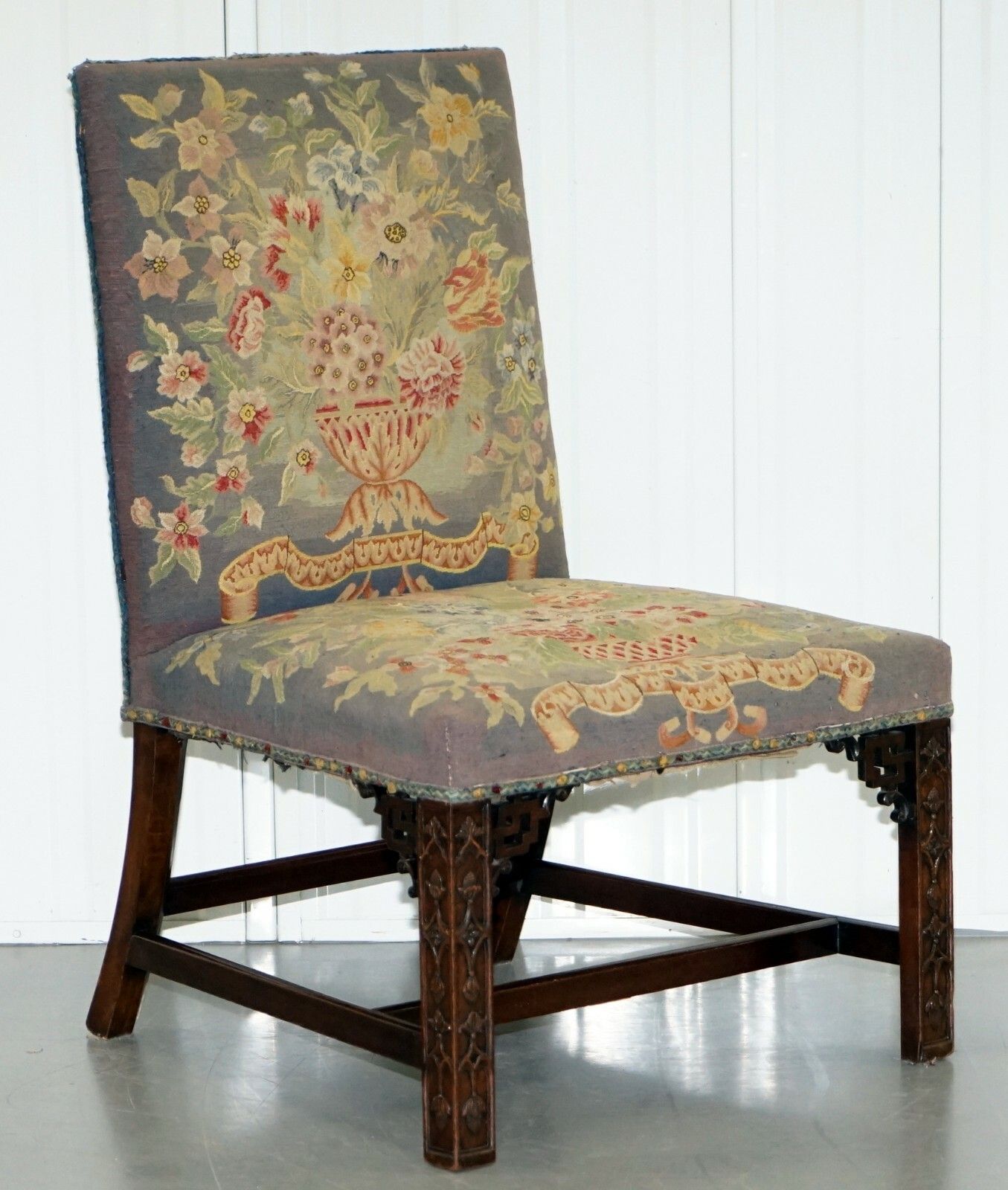 photo for sale Rare Pair Of Thomas Chippendale Period 1760 Embroidered Chairs Ornately Carved