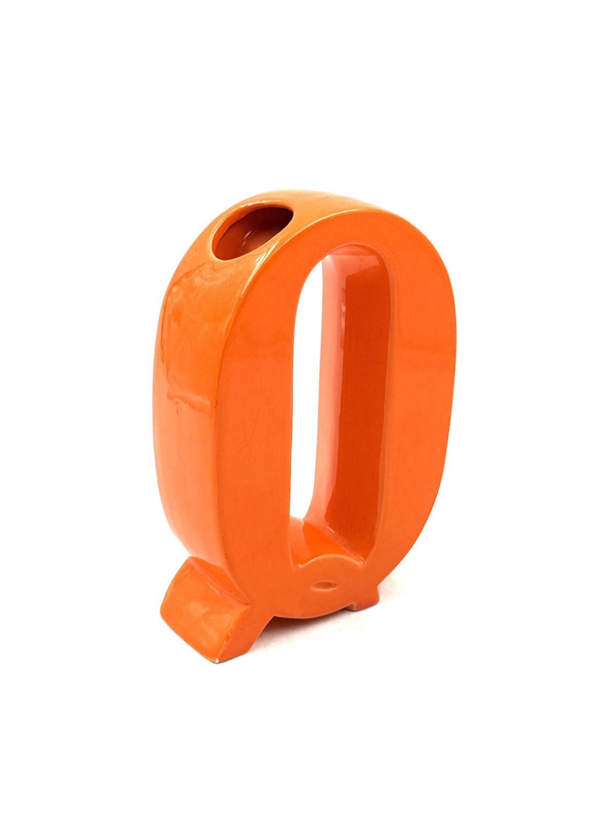 Space Age Orange Q Letter Shaped Ceramic Solifleur Vase, Marcel Radureau Ca. 1970 photo vintage