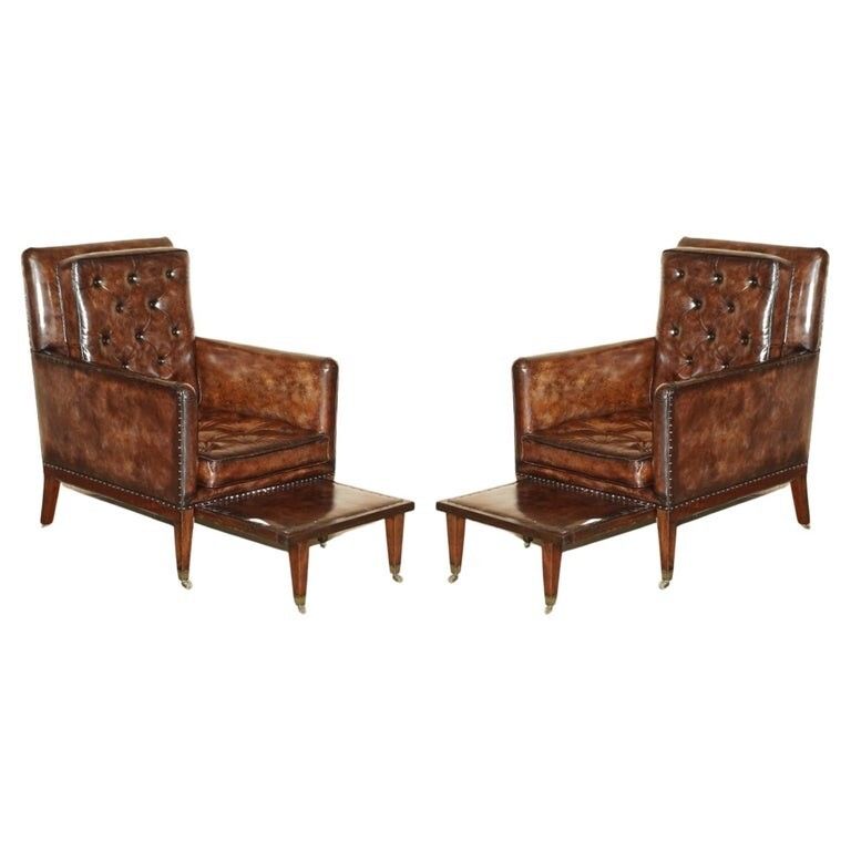 Pair Of Antique Regency  Brown Leather Chesterfield Armchairs Extending Stools