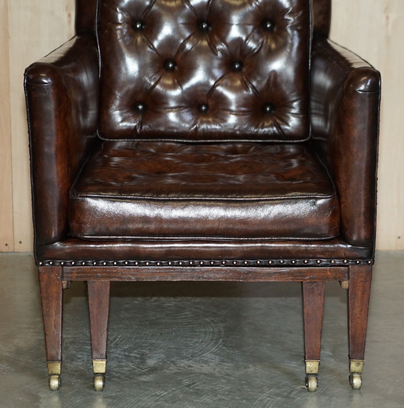 Pair Of Antique Regency  Brown Leather Chesterfield Armchairs Extending Stools photo 14400.0