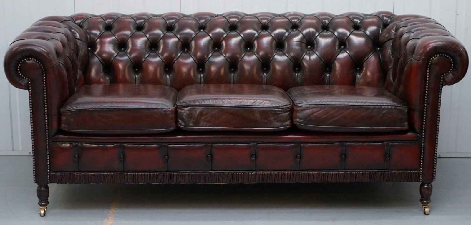 photo for sale Restored Bordeaux Leather Chesterfield Club Suite Armchair & Sofa On Turned Legs