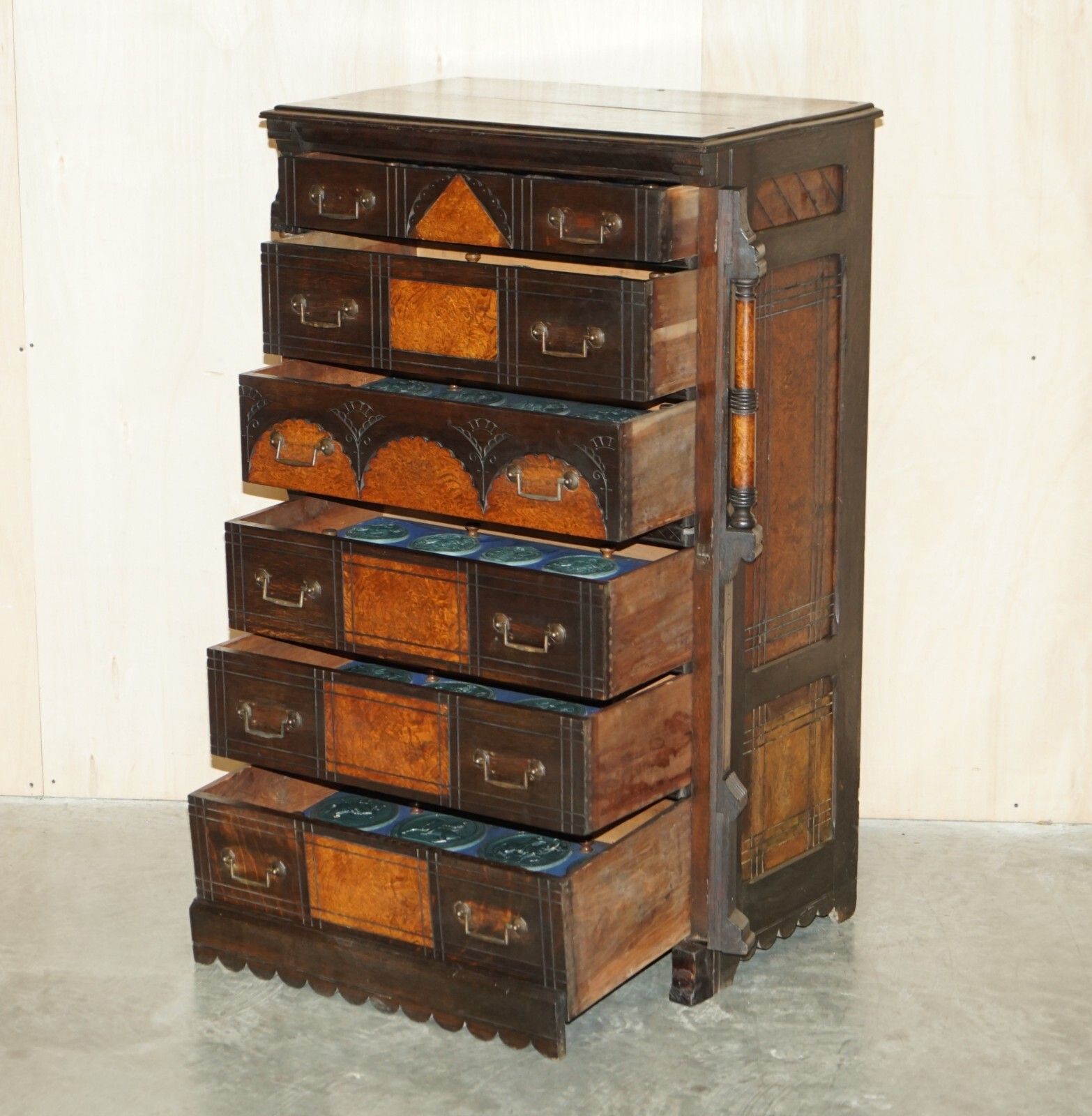 R Crosby & Son Victorian Burr Elm Wellington Chest Of Drawers 160 Crests Seal photo vintage