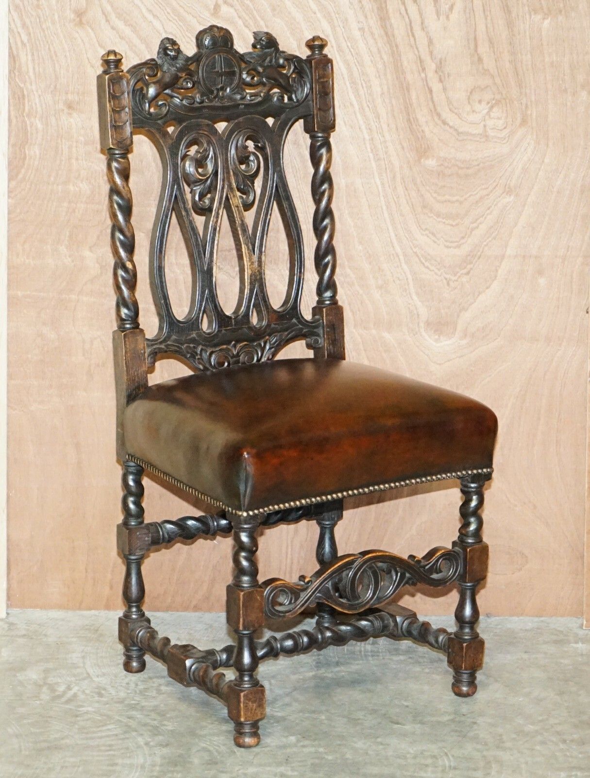 Eight Hand Carved Armorial Crest Coat Of Arms Antique Jacobean Dining Chairs photo for sale