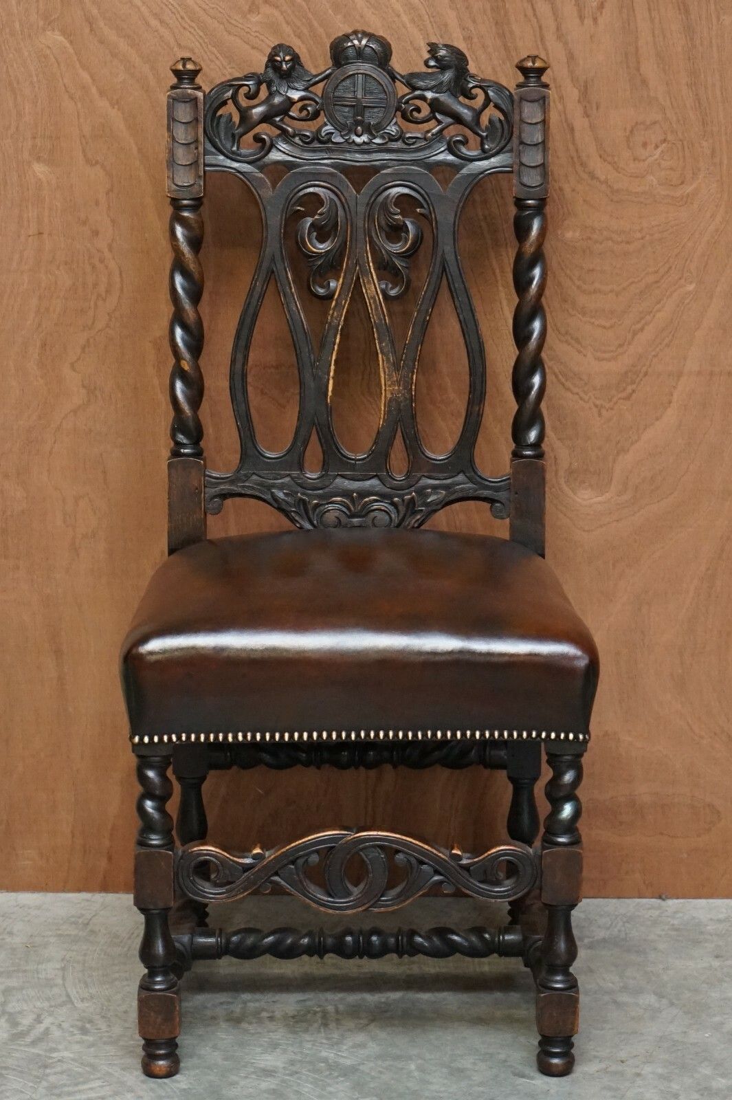 Eight Hand Carved Armorial Crest Coat Of Arms Antique Jacobean Dining Chairs photo Furniture