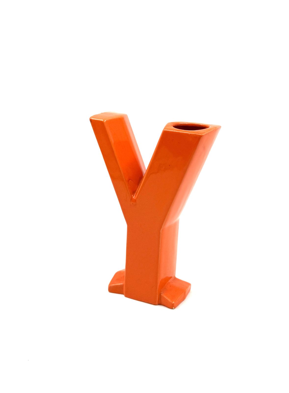 Space Age Orange Y Letter Shaped Ceramic Solifleur Vase, Marcel Radureau France Ca. 1970
