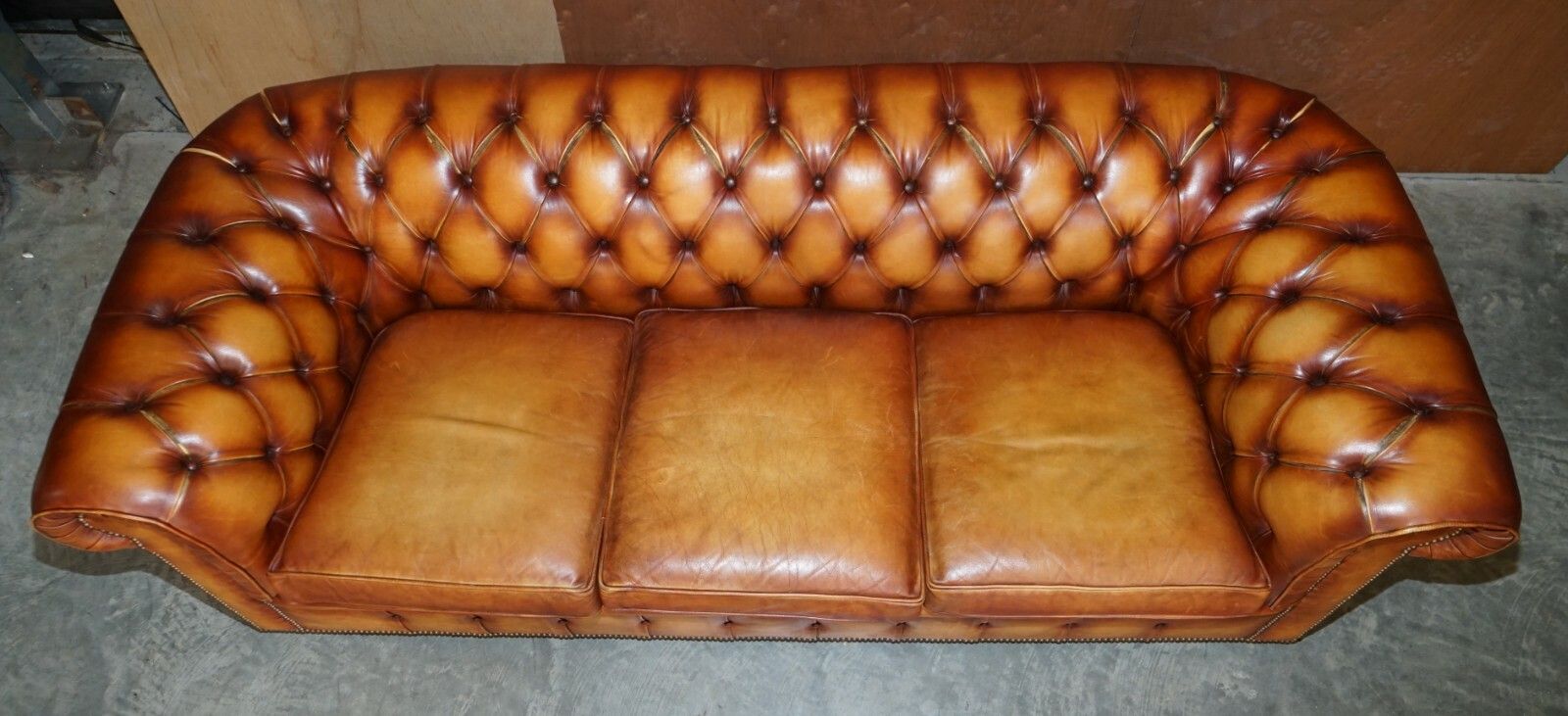 photo for sale Old Chesterfield Club Three Piece Sofa & Pair Of Armchairs Suite Brown Leather