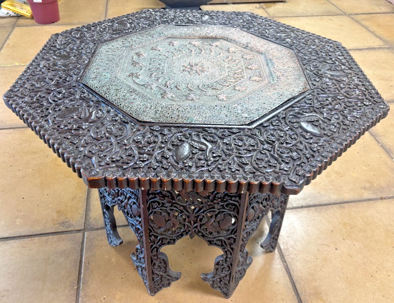 19th Century Anglo Indian Heavily Carved Wooden Table With Copper Insert