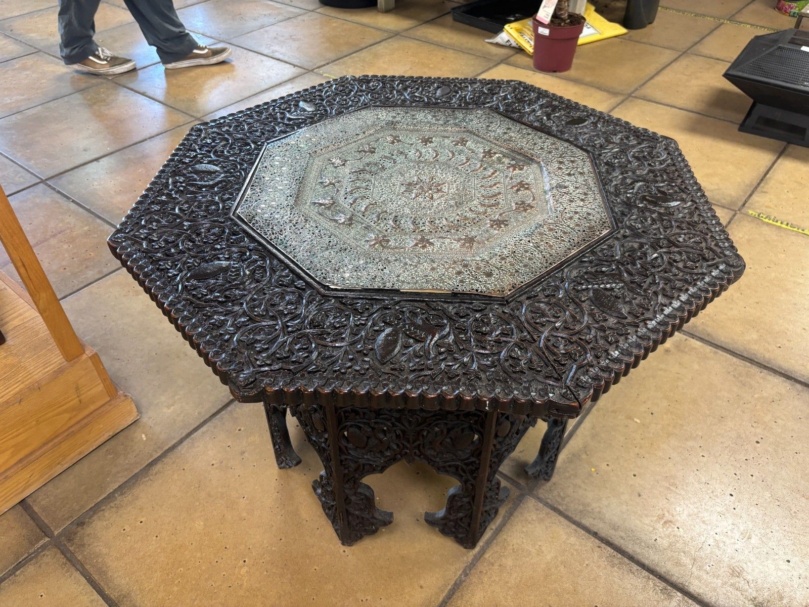 19th Century Anglo Indian Heavily Carved Wooden Table With Copper Insert photo furniture