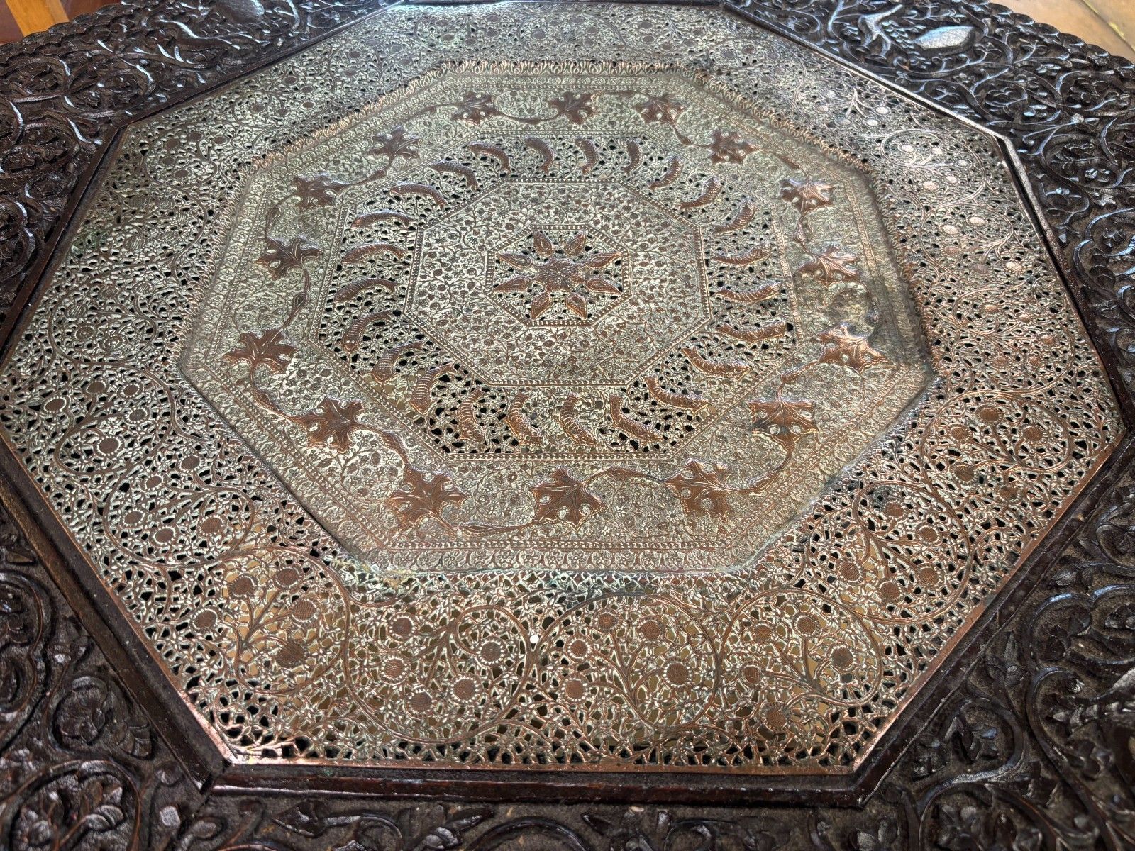 photo buy 19th Century Anglo Indian Heavily Carved Wooden Table With Copper Insert