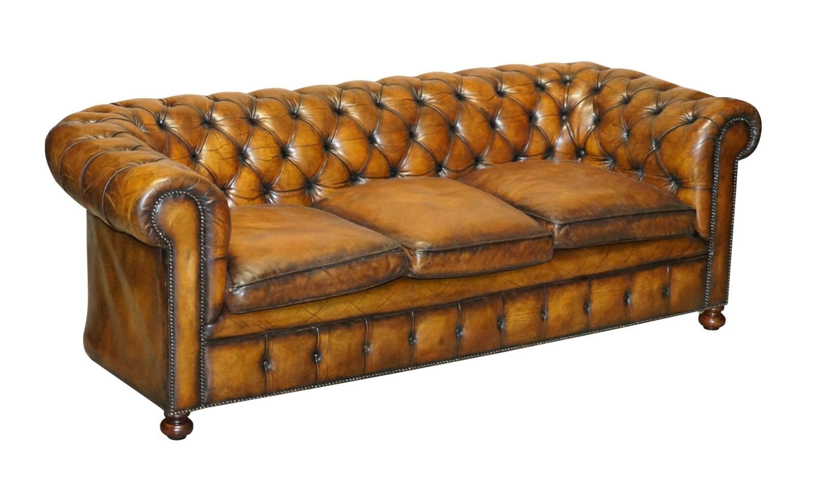 1960's Hand Dyed Restored Cigar Brown Leather Chesterfield Club Sofa English