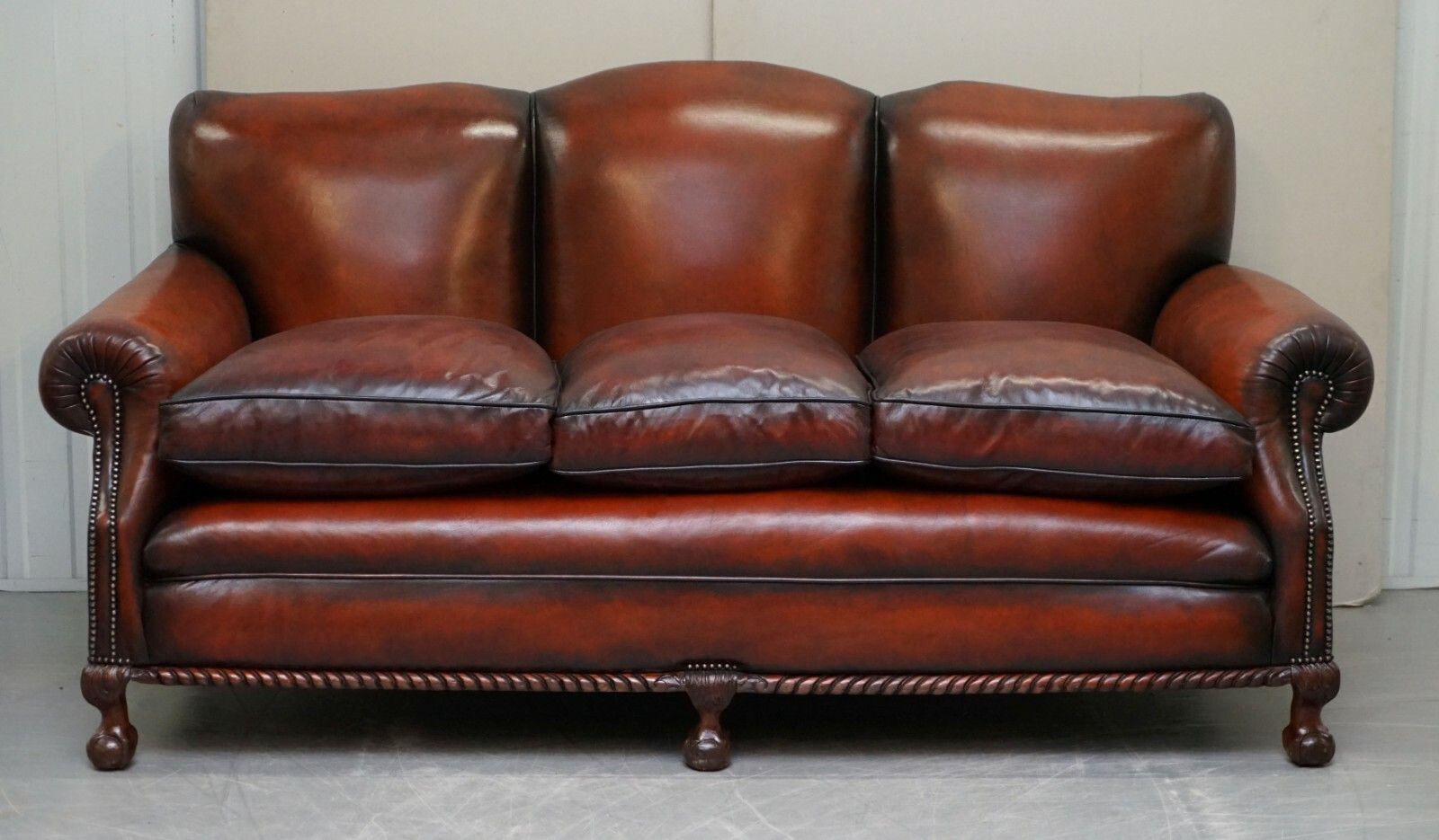 Restored Victorian Hand Dyed Brown Leather Sofa Claw & Ball Feet Feather Cushion photo furniture