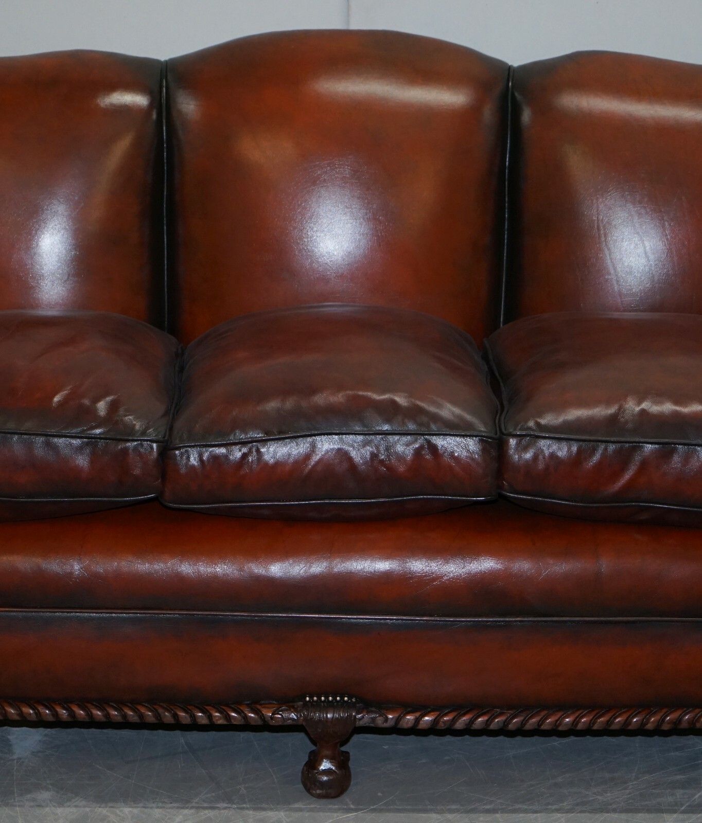 Restored Victorian Hand Dyed Brown Leather Sofa Claw & Ball Feet Feather Cushion photo Furniture