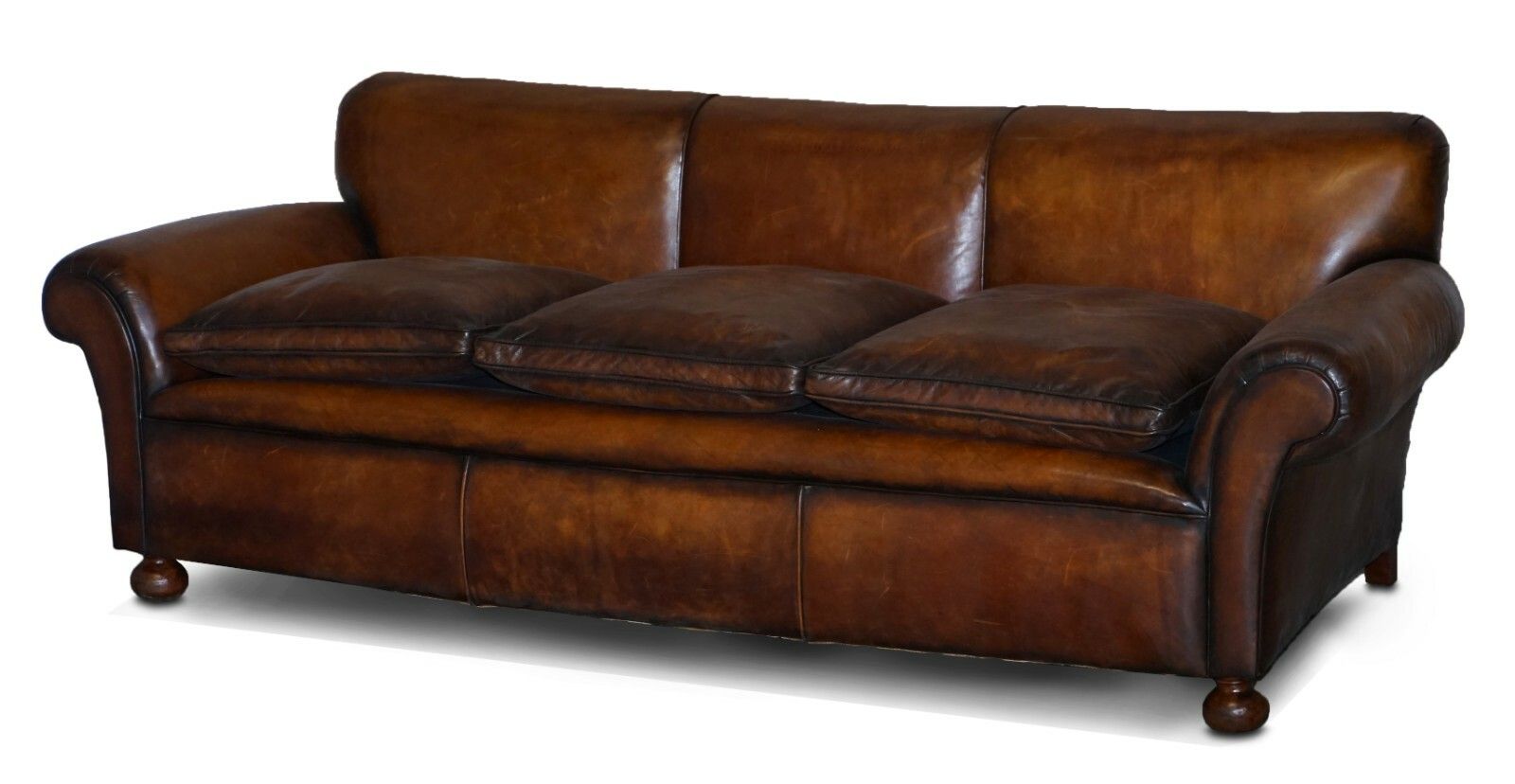 Restored Hand Dyed Brown Leather Antique Victorian 3 4 Seat Sofa Feather Seats photo for sale