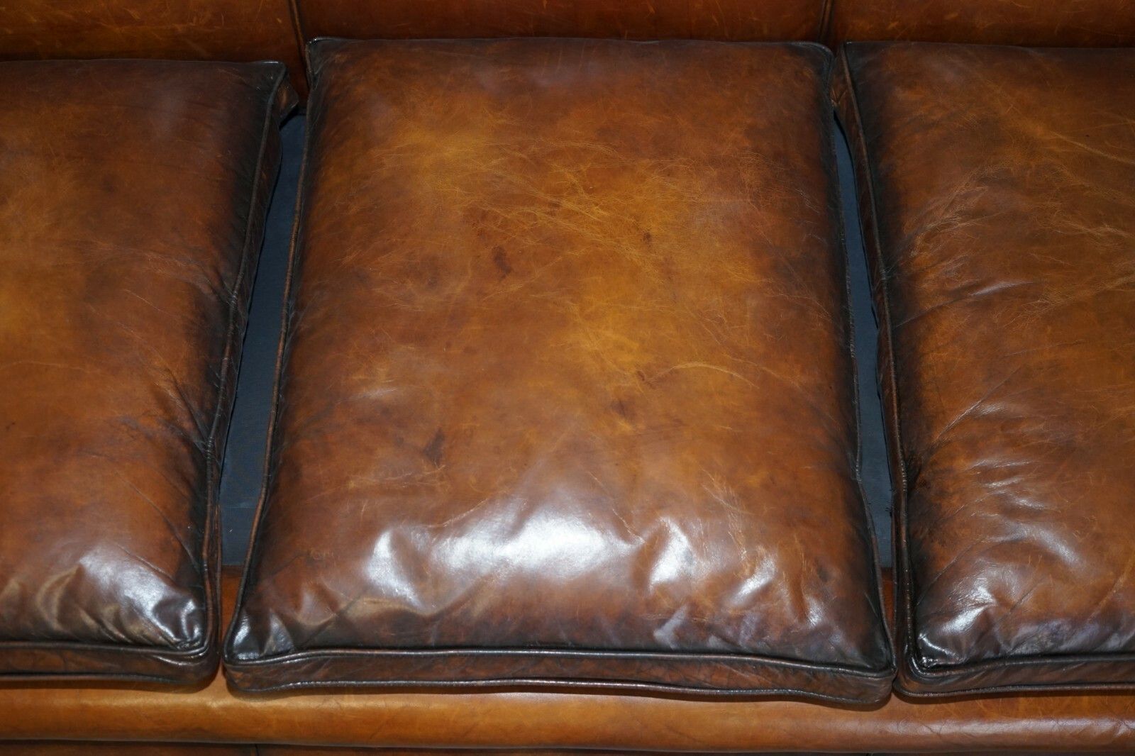 Restored Hand Dyed Brown Leather Antique Victorian 3 4 Seat Sofa Feather Seats photo vinterior