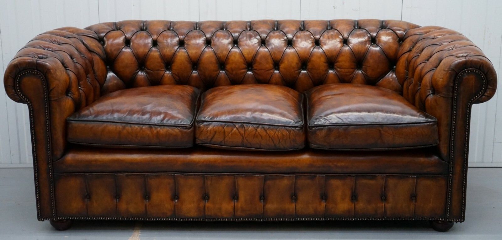 1930's Hand Dyed Restored Whisky Brown Leather Chesterfield Club Sofa English photo furniture