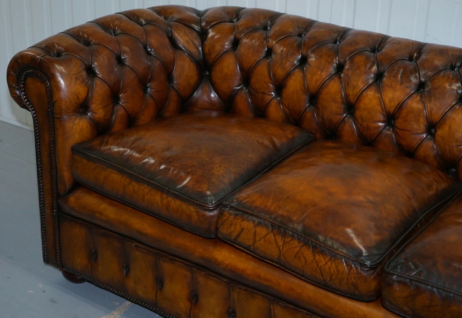 1930's Hand Dyed Restored Whisky Brown Leather Chesterfield Club Sofa English photo 10000.0
