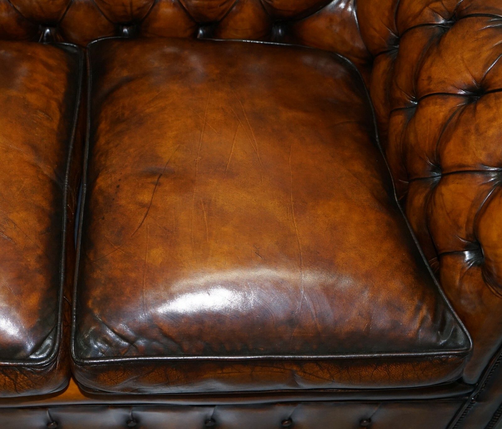 photo furniture 1930's Hand Dyed Restored Whisky Brown Leather Chesterfield Club Sofa English