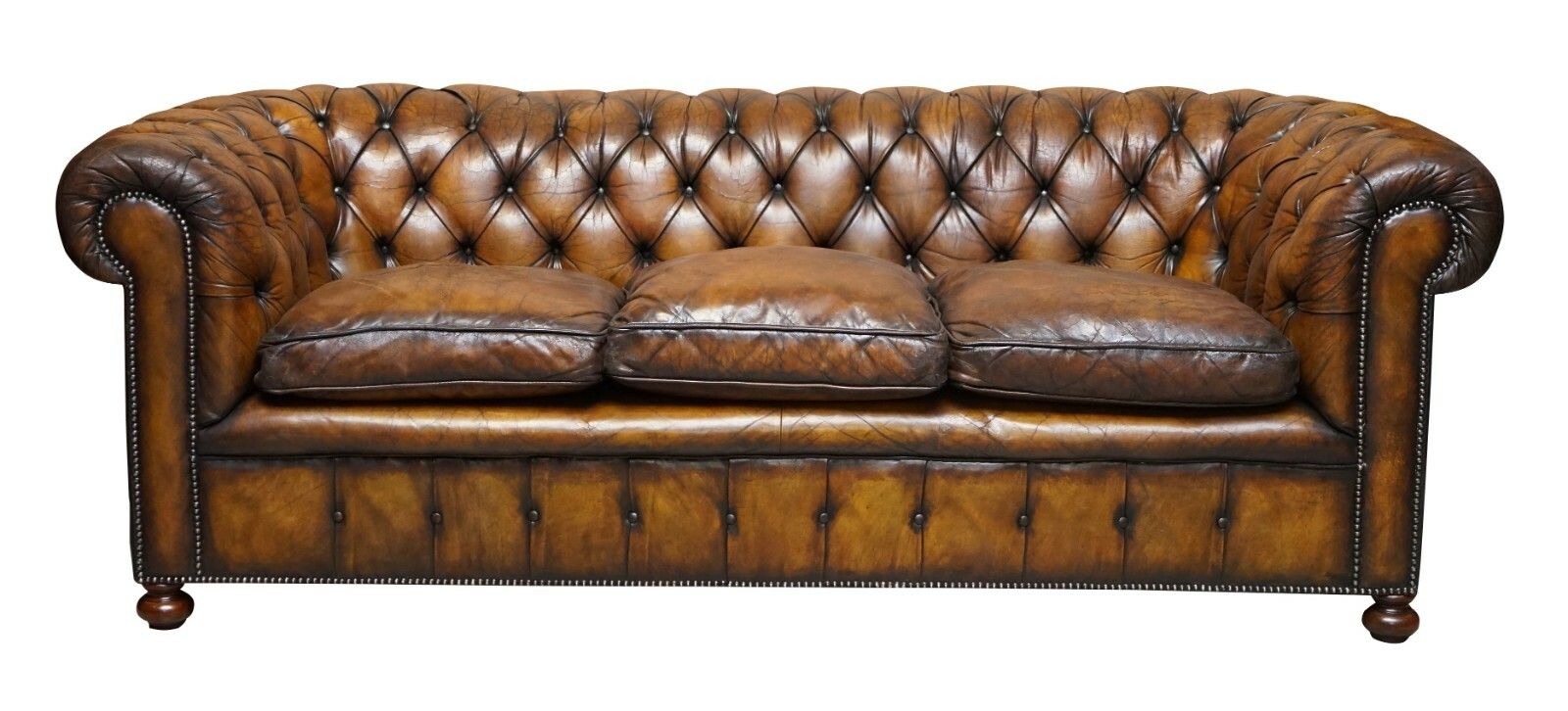 1950's Hand Dyed Restored Cigar Brown Leather Chesterfield Club Sofa English photo furniture