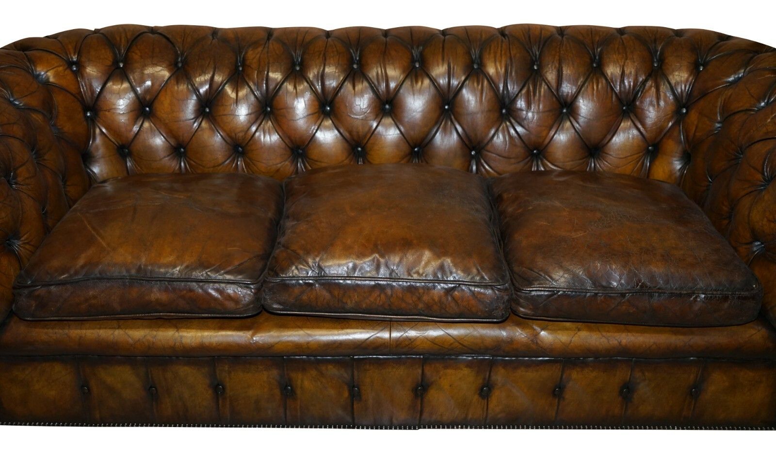 1950's Hand Dyed Restored Cigar Brown Leather Chesterfield Club Sofa English photo 10000.0