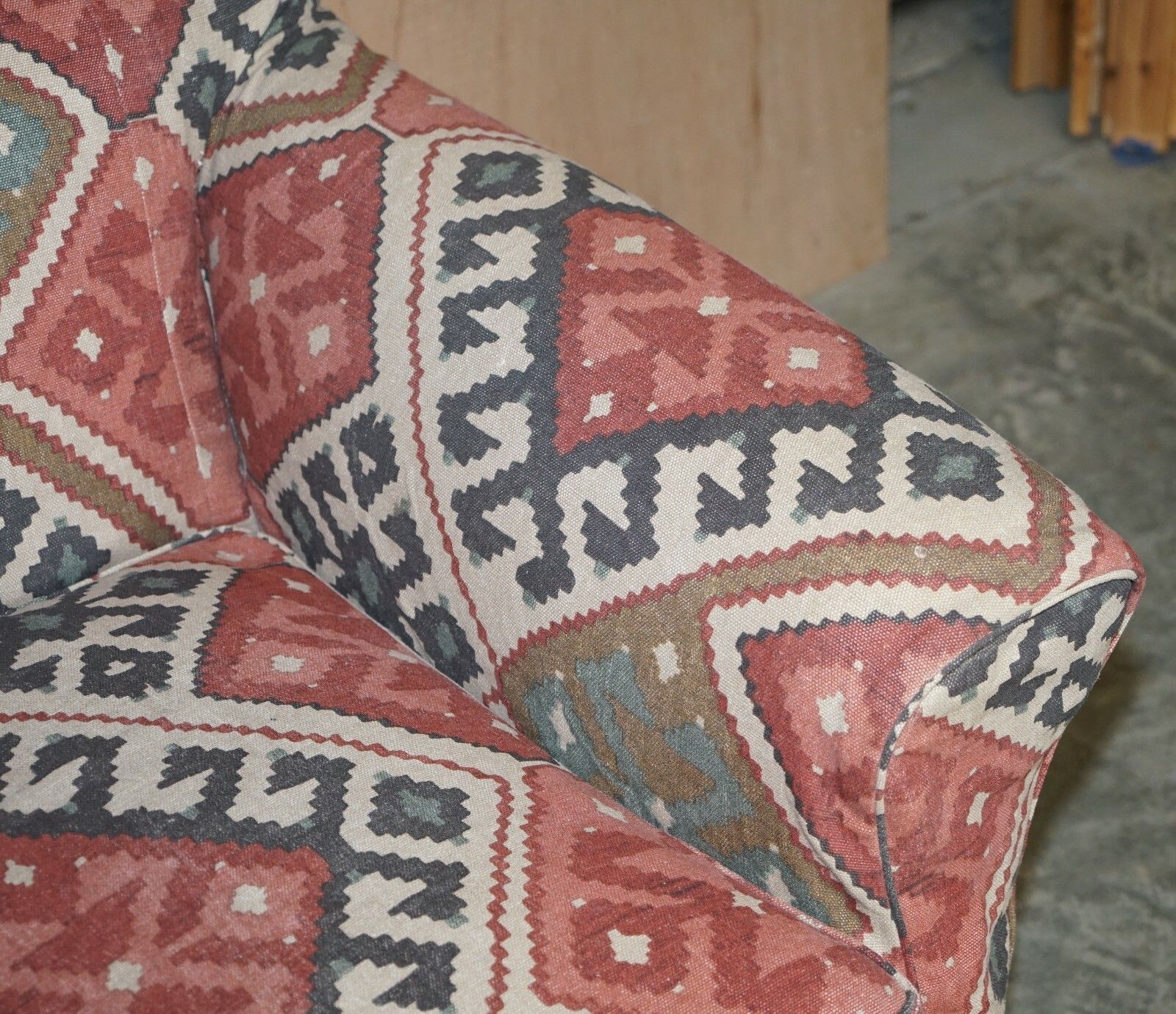 Exquisite Original Victorian Kilim Upholstered Sofa Mahogany Turned Front Legs photo vinterior