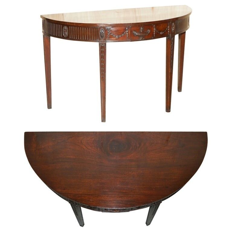 Fine Restored 18th Century Burl Mahogany Carved Adams Demi Line Console Table