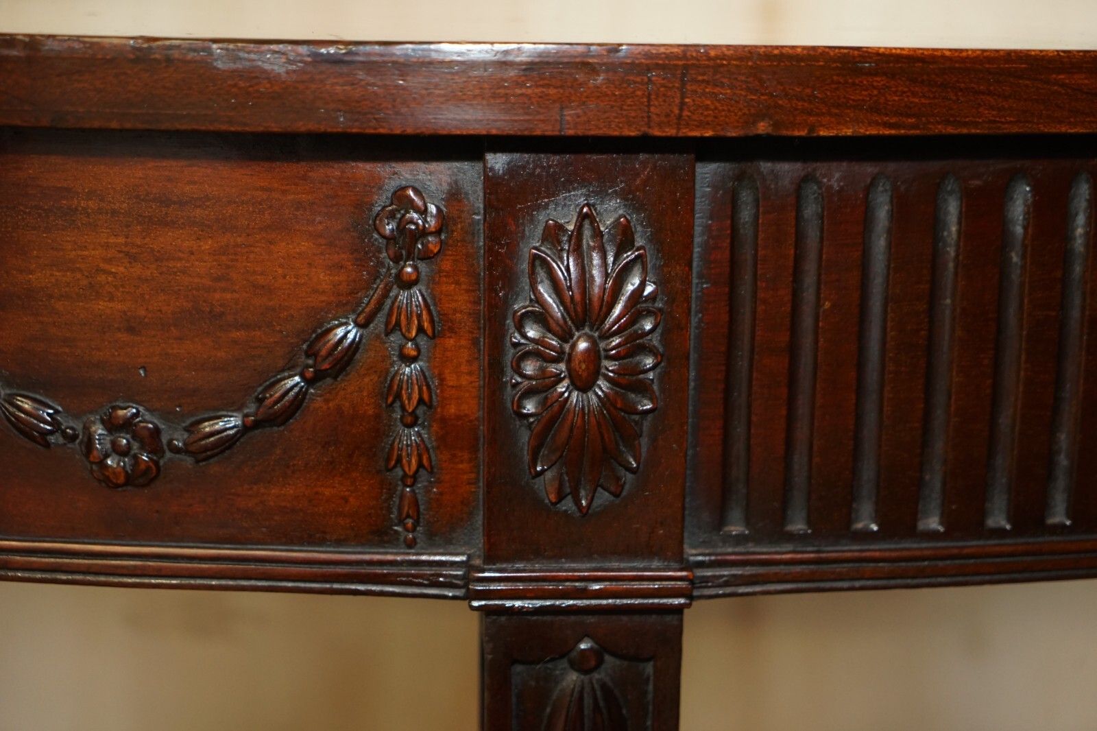 Fine Restored 18th Century Burl Mahogany Carved Adams Demi Line Console Table photo vintage