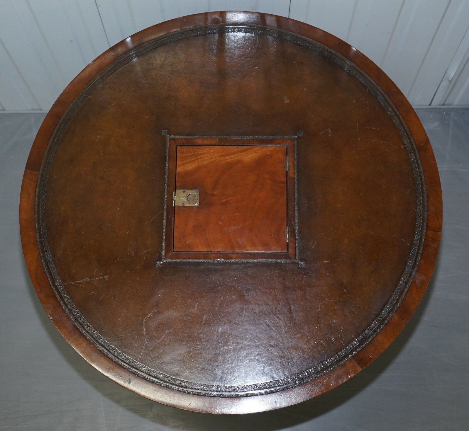 Antique Victorian Flamed Mahogany Revolving Rent Drum Table Brown Leather Top photo vinterior