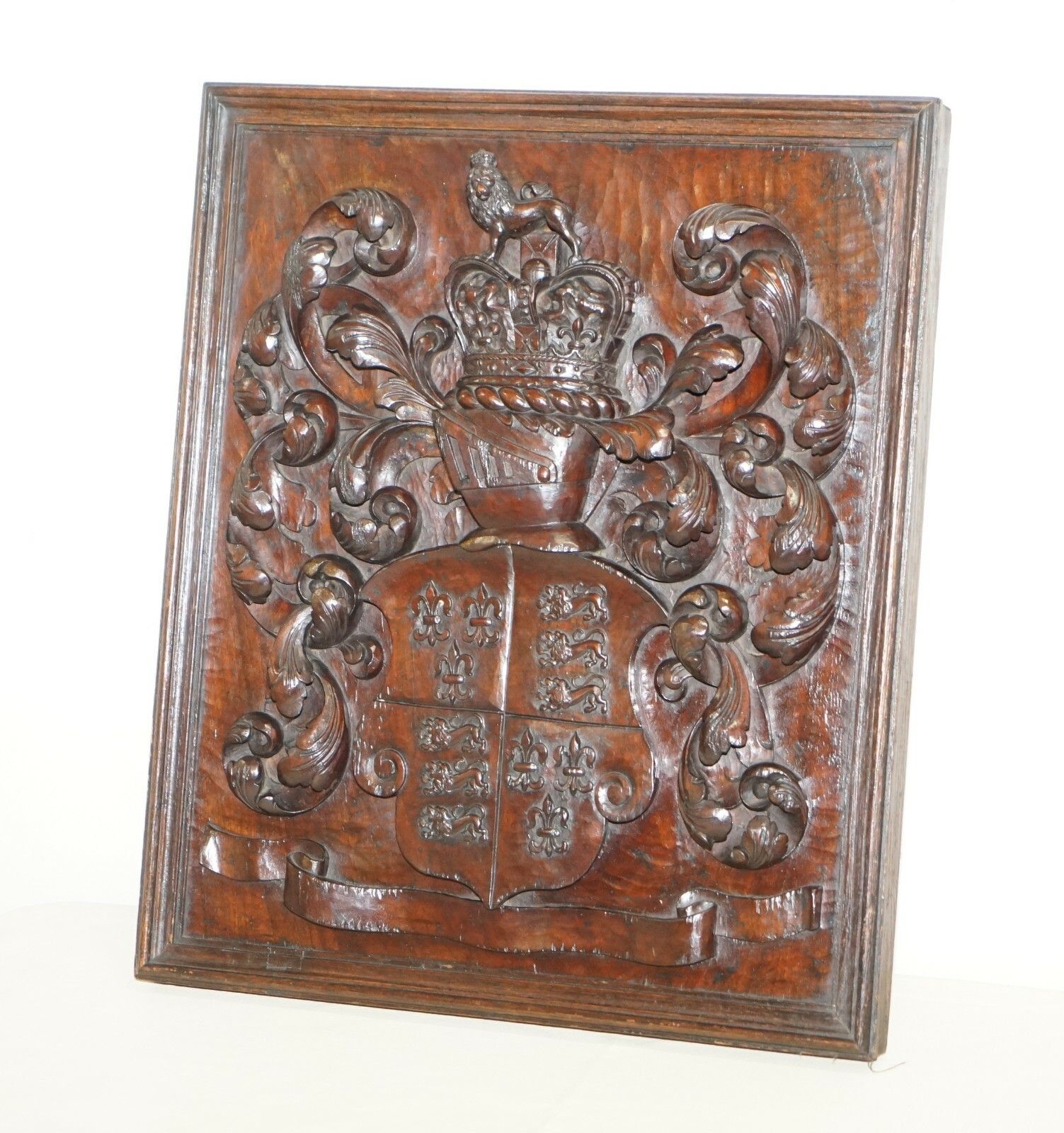 Rare Antique 1405 1603 English Royal Coat Of Arms Armorial Crest Carved Walnut