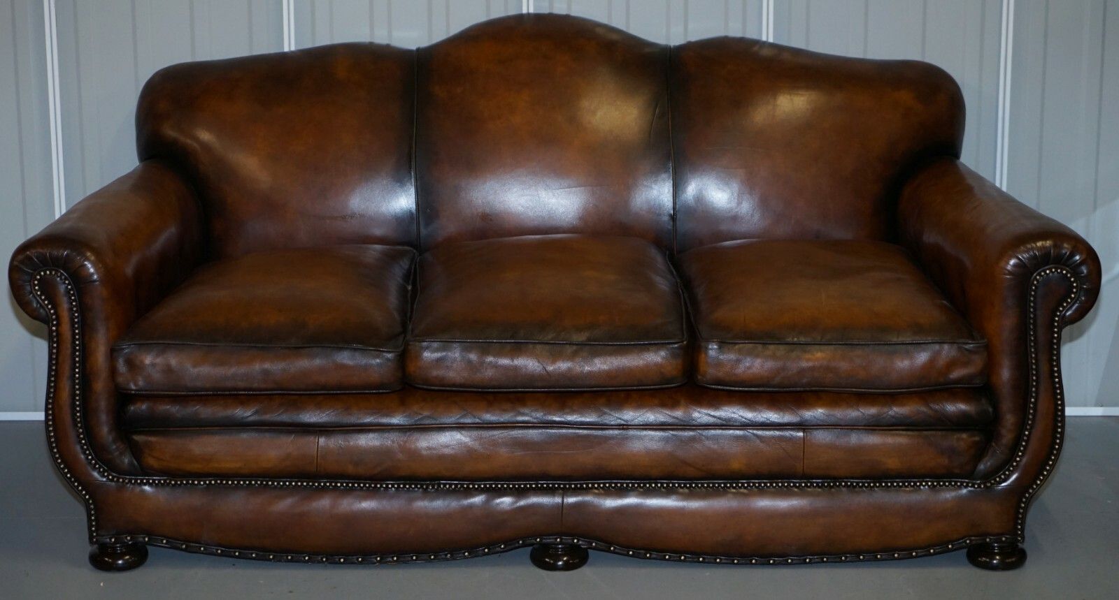 Very Rare Fully Restored Gentleman's Club Moustache Back Brown Leather Sofa photo furniture