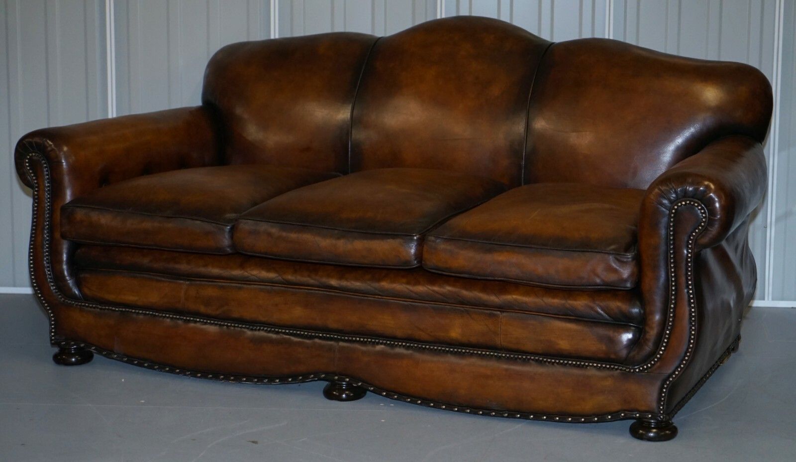 Very Rare Fully Restored Gentleman's Club Moustache Back Brown Leather Sofa photo for sale
